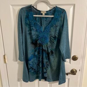 live and let live tunic top size 1X blue 3/4 sleeve polyester spandex